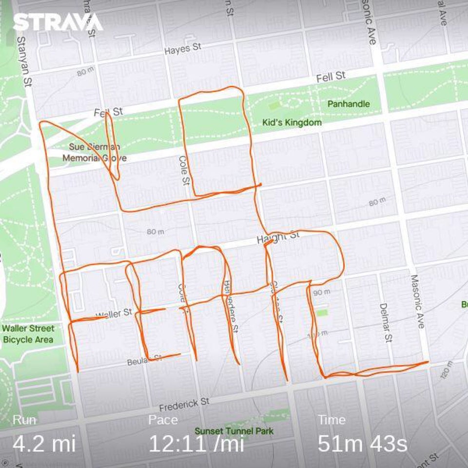 Map of San Francisco’s Haight Ashbury neighborhood with a running route that spells out NO FEAR in outlines on the streets.